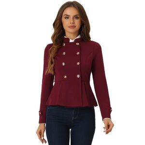 Peplum Steampunk Jacket Lapel Collar Double Breasted Blazer Burgundy